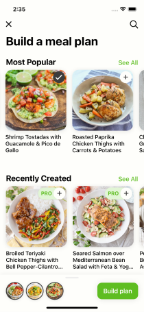 Mealime meal plan builder. Pick your week's meals.