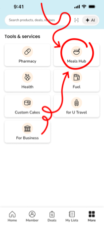 Tools & services menu with the Meals Hub icon highlighted