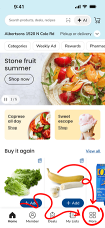 Albertsons app home screen with the More tab highlighted