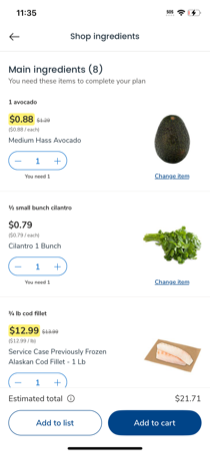 MealsHub shopping ingredients list