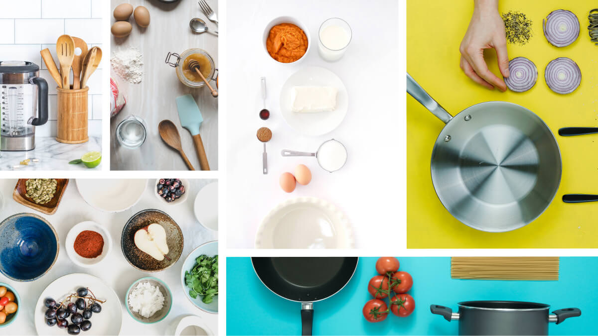 A collage of kitchen cookware